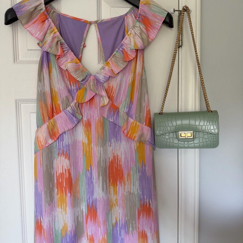 Collective Concepts Pastel Brushstroke Ruffle Midi Dress (Includes Purse)